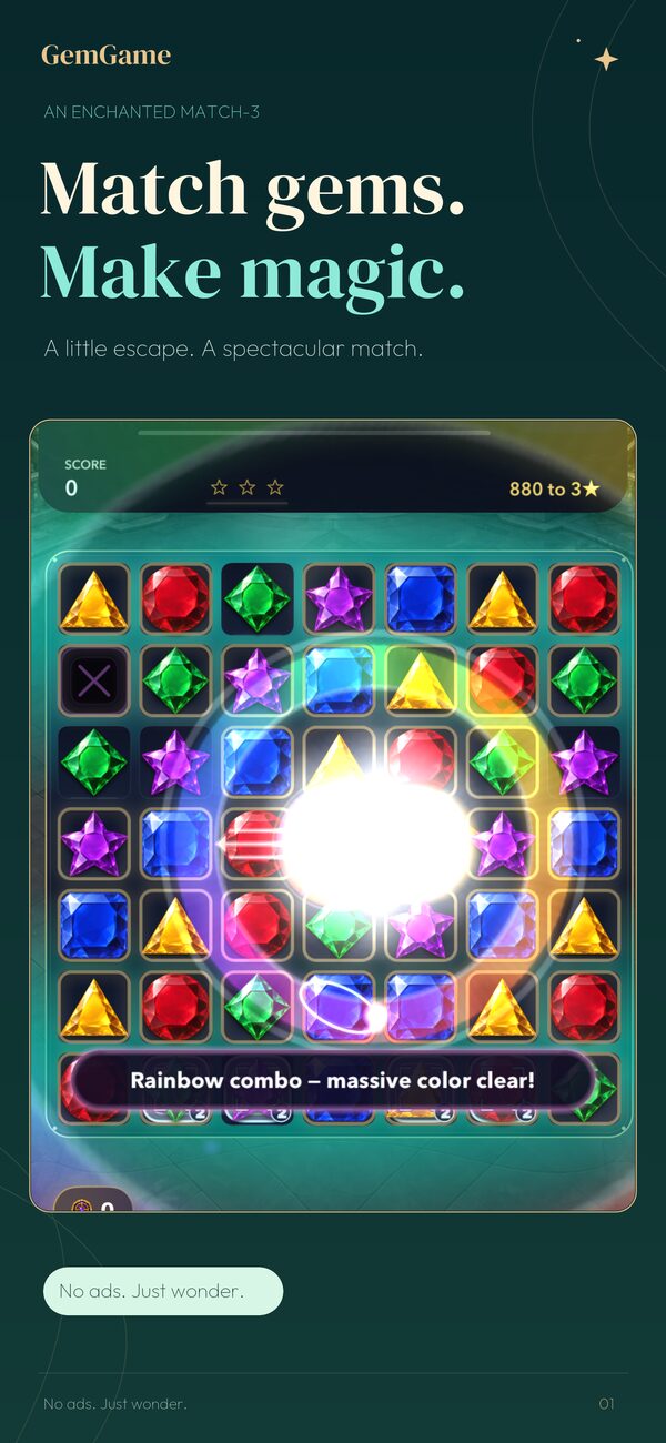 Real GemGame match-3 board with jewel combinations