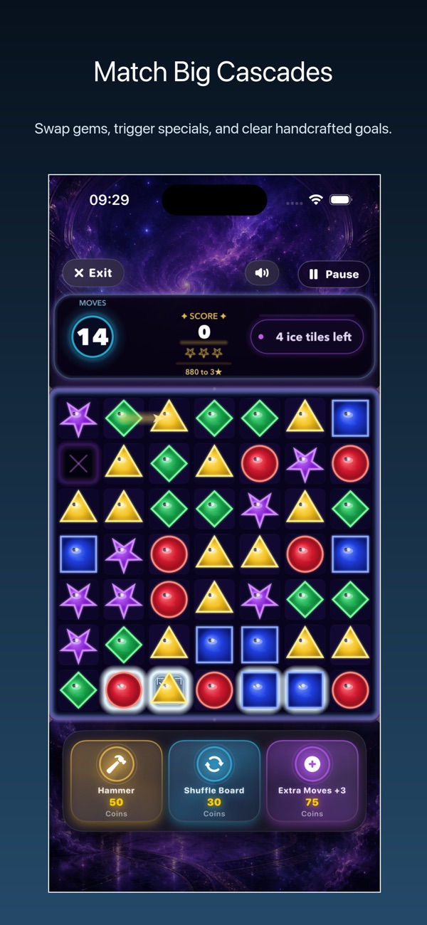 GemGame gameplay — match gems and trigger cascade combos on the neon Galactic Casino board