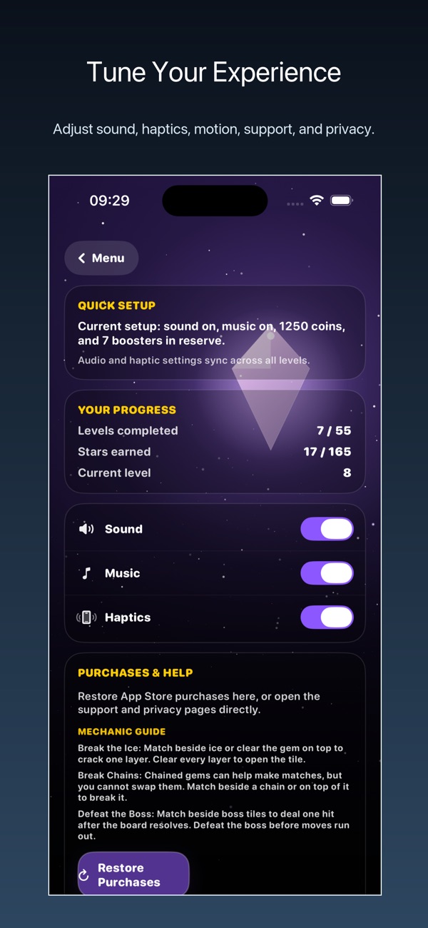 GemGame settings, including Game Center